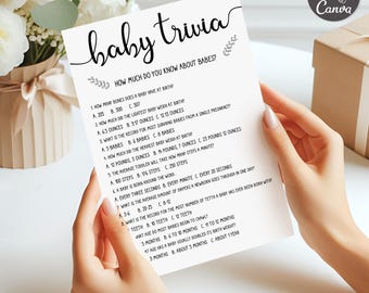 May include: A white paper baby trivia game card featuring black text with the title baby trivia and the subtitle how much do you know about babes? followed by eight multiple choice questions about infants with various answer options listed below.