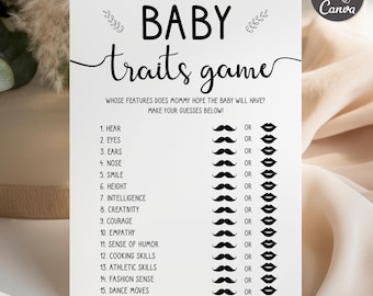 May include: A white rectangular baby shower game card titled BABY traits game. The text asks whose features mommy hopes the baby will have. It lists 15 traits, each followed by a black mustache icon, the word OR, and a black lip icon.