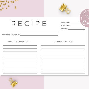 Recipe Card Template, Printable Recipe Cards, 4x6 Recipe Cards, Personalized Recipe Page, 100% Editable Canva Template. SRP-026