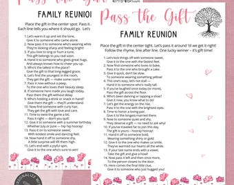 May include: Two printable game sheets for a family reunion, featuring the text "Pass the Gift." The design includes a tree illustration and floral accents. The text provides instructions for passing a gift.