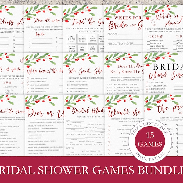 Christmas Bridal Shower Games Bundle, 15 Christmas Games Pack Printable, Editable Bachelorette Games, Winter Wedding Games Template. SRP-009