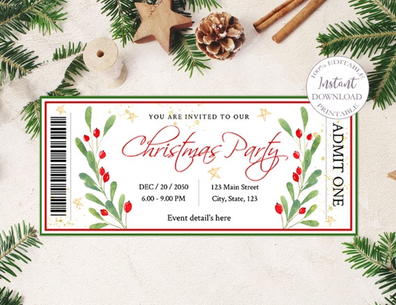 Chrismas Party Ticket Template Editable Winter Holiday Party | Etsy