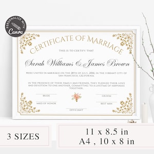 Certificate of Marriage Template I Canva Template Editable, Wedding Keepsake, Custom Certificate Marriage, Editable Wedding Certificate