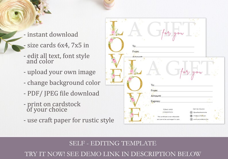 Gift Certificate Template Editable Love Gift Card Printable - Etsy