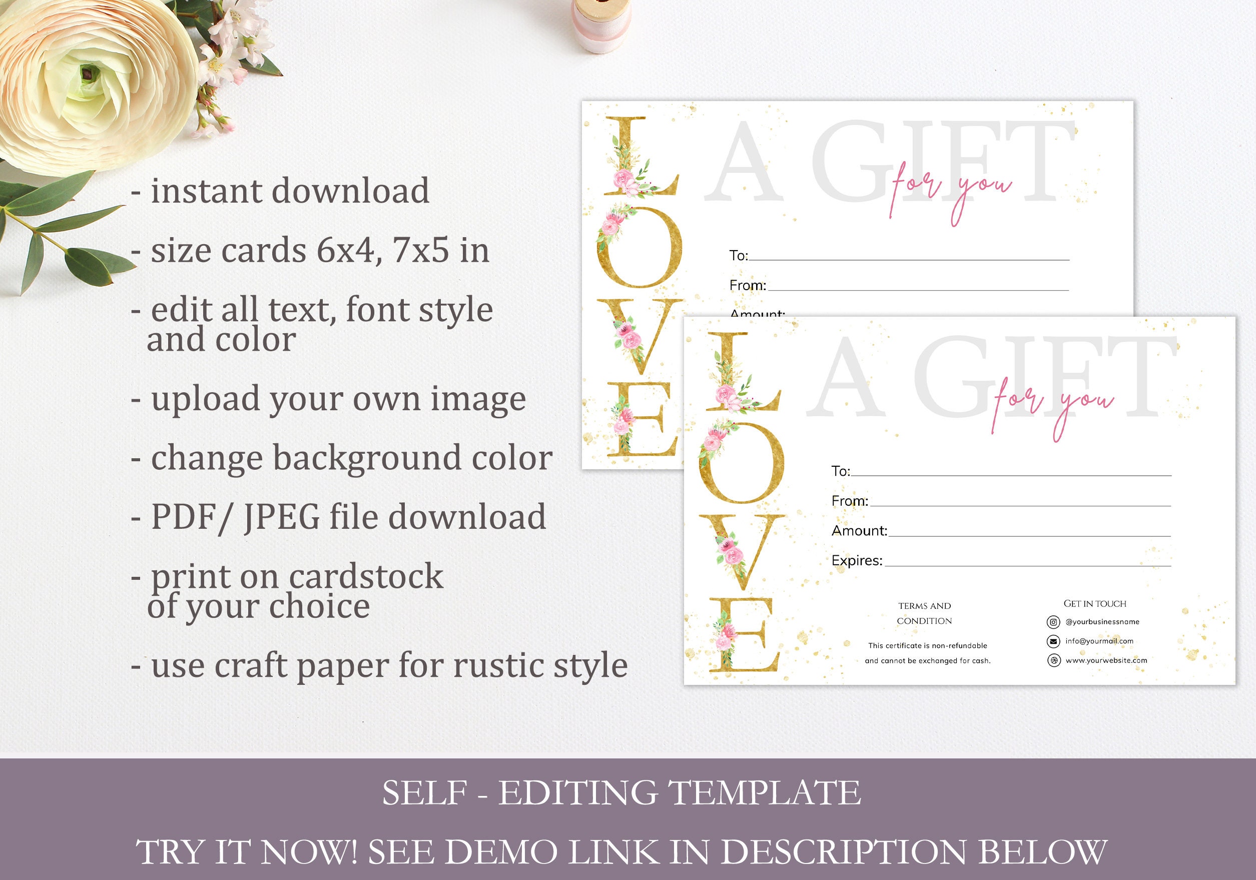 Gift Certificate Template Editable Love Gift Card Printable - Etsy