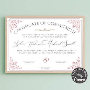 Certificate of Commitment Template I Canva Template, Editable Wedding Keepsake, Custom Marriage Certificate, Editable Wedding Certificate