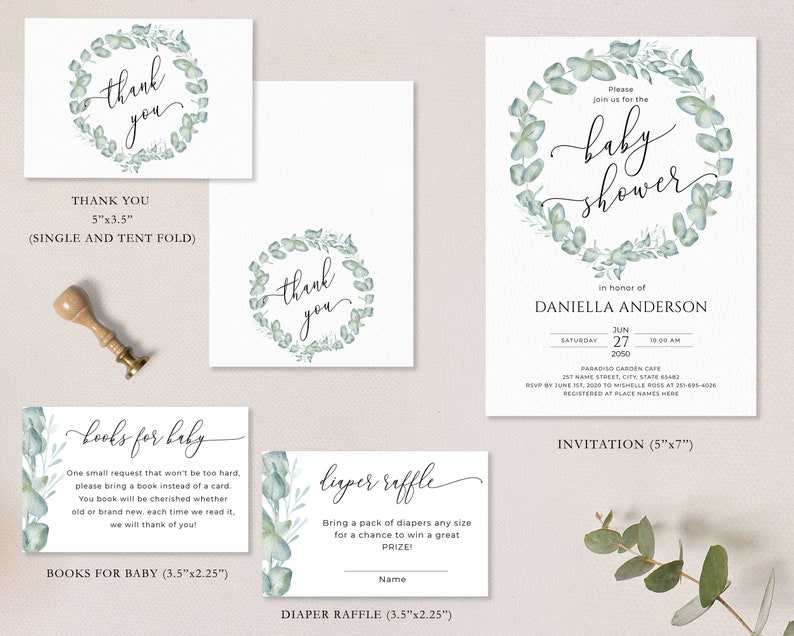 Eucalyptus Baby Shower Bundle Template Printable Greenery | Etsy