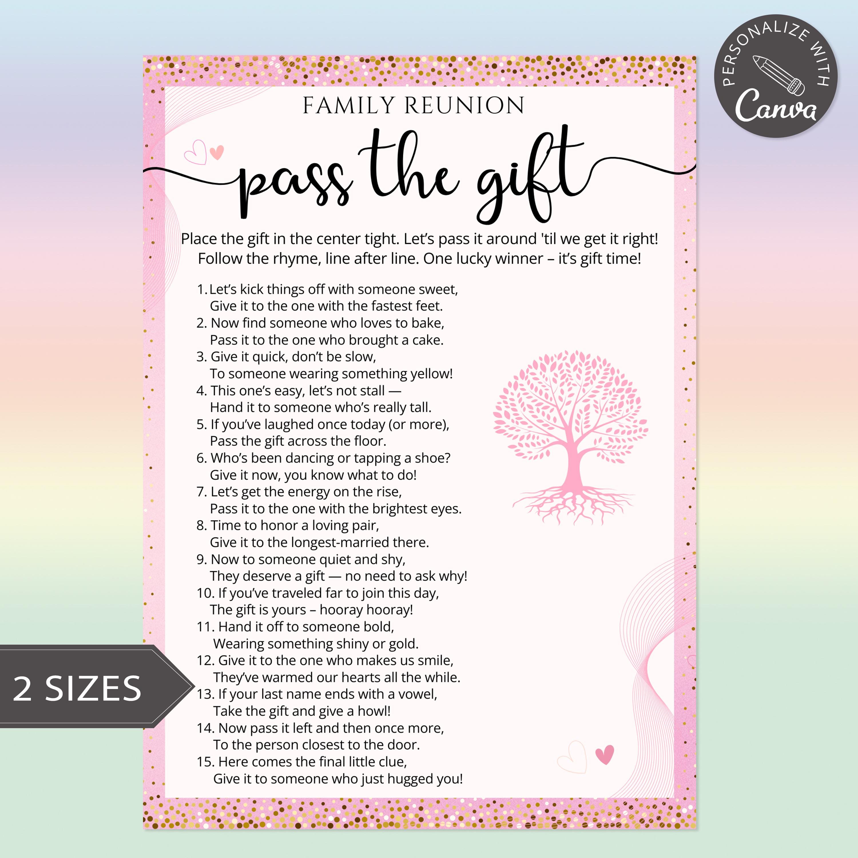 Family Reunion Game Pass the Gift | Fun Ice Breaker Poem | Family Trivia, Pass the Present, Reunion Kids Activities & Games, Canva Template