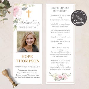 Floral Funeral Bookmark | Editable Memorial Keepsake for Funeral Ceremony | Printable Editable Canva Template for Sympathy and Remembrance