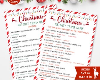 May include: Two white Christmas Nativity trivia game cards with red and white candy cane striped borders. The cards feature red and green text, a string of colorful holiday lights, and reindeer illustrations. The text includes ten questions.