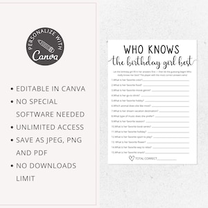 Who Knows The Birthday Girl Best Quiz Game | Canva Birthday Template | Trivia For Teens | Tween Birthday Game | Slumber Party Questions