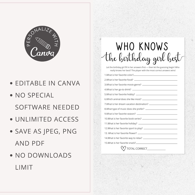 Who Knows The Birthday Girl Best Quiz Game | Canva Birthday Template | Trivia For Teens | Tween Birthday Game | Slumber Party Questions