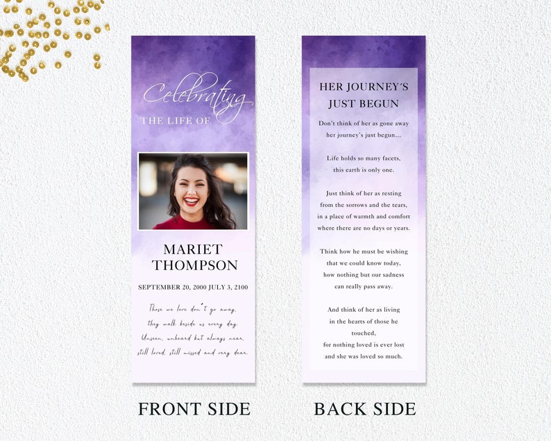 Purple Obituary Bookmark Template Loss of Loved One Printable - Etsy