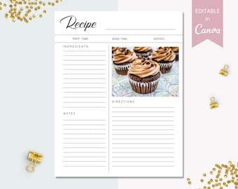 Plantilla de receta, página de recetas editable, tarjetas de recetas personalizadas de 8,5 x 11 pulgadas, página de recetas familiares imprimible, plantilla Canva 100 % editable. SRP-026
