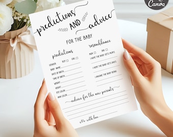 May include: A white rectangular card featuring black printed text titled Predictions and Advice for the Baby. The card includes sections for gender, name, birth details, resemblance, and advice for new parents, with blank lines for writing.