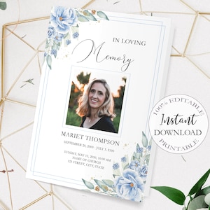 Editable Funeral Program, Blue Floral Memorial Service Template, Printable Order of Service for Woman Folded, Obituary Program. F-005