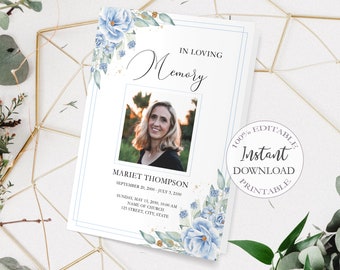 Editable Funeral Program, Blue Floral Memorial Service Template