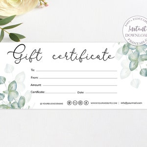 Eucalyptus Gift Certificate Template, Printable Fathers Day Gift Ideas, Editable Gift Card, Etsy Gift Card, Small Business Inserts. SRP-011