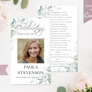 Greenery Funeral Prayer Cards I Editable Canva Template I Loss Of Morther Obituary Template I Printable In Loving Memory Prayer Card