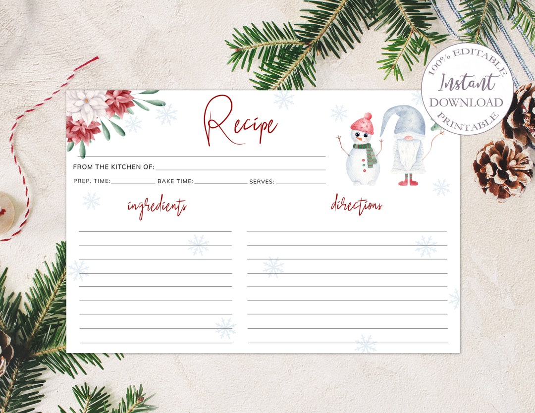 Christmas Recipe Card Printable, 4x6 Recipe Cards Template, Modern ...