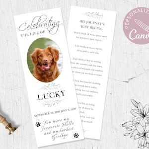 Dog Funeral Bookmark Template I Editable Canva Template I Celebration of Life I In Loving Memory I Pet Funeral Keepsake Bookmark.