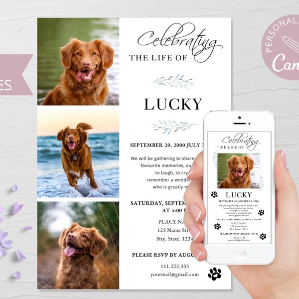 Celebration of Life | Funeral Memorial Dog Invitation I Editable Canva Template I Funeral In loving Memory I Celebration of Life