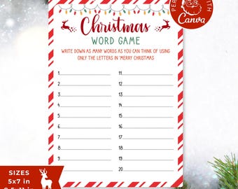 May include: A white Christmas word game activity sheet with a red and white candy cane striped border. The text reads Christmas Word Game and includes instructions to use letters from Merry Christmas, with twenty numbered lines for writing words.