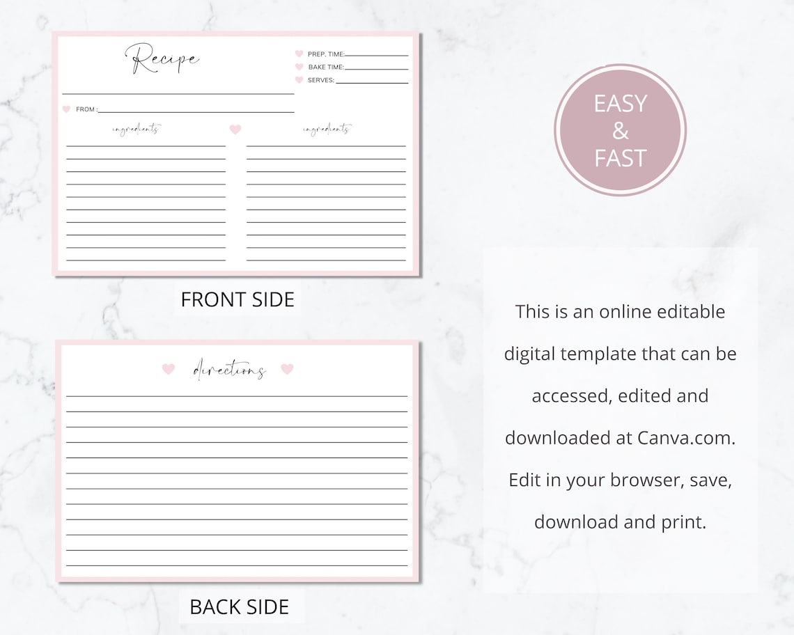 Recipe Card Template Editable Custom Recipe Cards Printable Etsy
