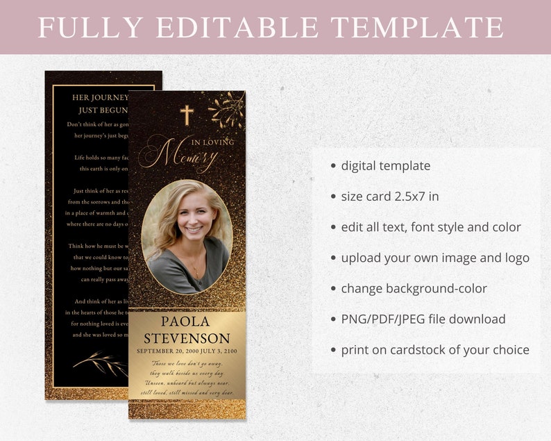 Black and Gold Obituary Template, Funeral Editable Canva Template,loss ...