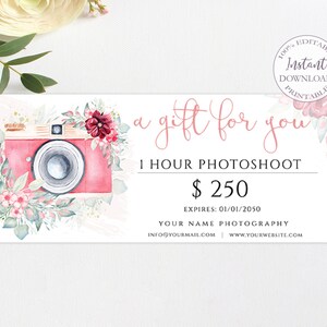 Photography Gift Card Printable Template, Watercolor Floral Photo Session Certificate, A Gift For You Voucher, Wedding Gift Card. SRP-011
