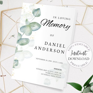 Eucalyptus Funeral Program Template, Printable Order of Service, Obituary Card Program, Celebration of Life, In Memory Of Brochure. F-002