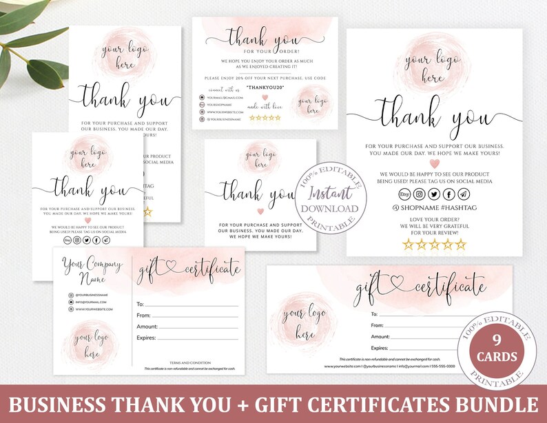 Rose Gold Thank You Cards Gift Certificate Small Business Etsy