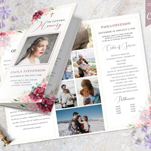 Trifold Funeral Program Template. Editable Canva Template.  Printable In Loving Memory Obituary Template. Red Floral Funeral Card.