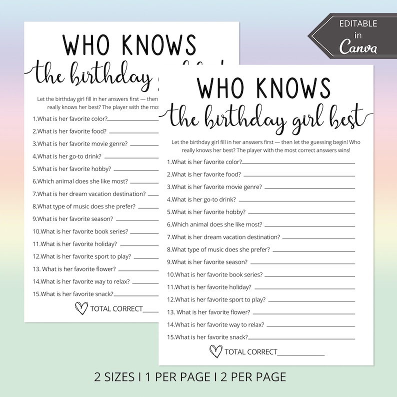 Who Knows The Birthday Girl Best Quiz Game | Canva Birthday Template | Trivia For Teens | Tween Birthday Game | Slumber Party Questions