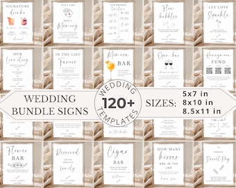 May include: A collection of wedding sign templates featuring various event categories like Signature Drinks, Mimosa Bar, and Honeymoon Fund. The signs display text in black on white backgrounds, with sizes listed as 5x7 in, 8x10 in, and 8.5x11 in.