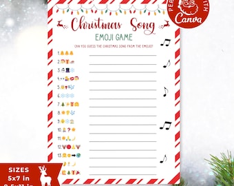 Puede incluir: Juego de villancicos navideños imprimible con fondo a rayas rojo y blanco. El juego tiene 13 líneas con emojis que representan letras de villancicos navideños populares. El juego se titula "Christmas Song Emoji Game".
