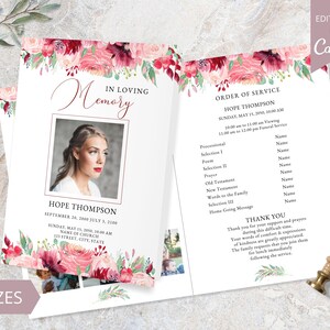 Funeral Program Template For Woman. Editable Canva Template. Printable Memorial Card. Bifold Funeral Program. Floral Funeral Brochure.