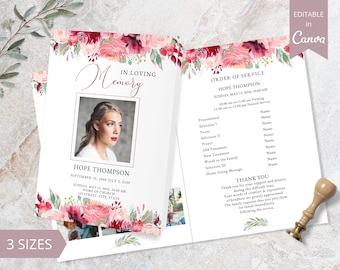 Funeral Program Template For Woman. Editable Canva Template. Printable Memorial Card. Bifold Funeral Program. Floral Funeral Brochure.