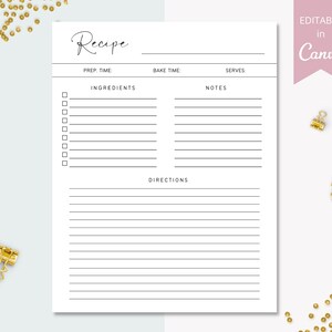 Recipe Template, Editable Family Recipe Cards, Printable Recipe Page, Custom Recipe Cards, Us Letter Recipe Card Canva Template. SRP-026