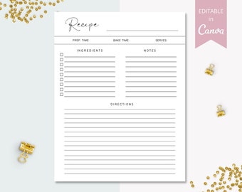 Plantilla de receta, tarjetas de recetas familiares editables, página de recetas imprimible, tarjetas de recetas personalizadas, plantilla de Canva para tarjetas de recetas con formato carta de EE. UU. SRP-026