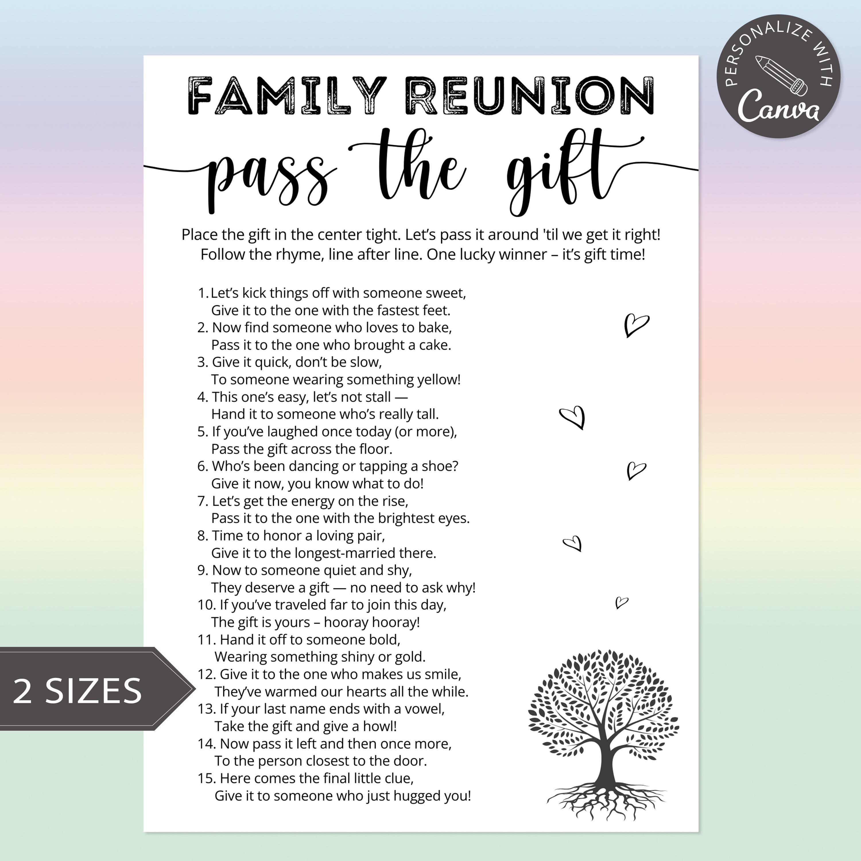 Family Reunion Pass the Gift Game | Ice Breaker, Printable Poem ...
