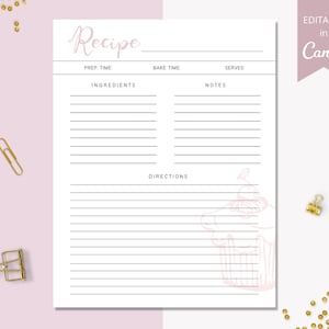 Recipe Card Template Editable, Family Recipe Printable, Custom Recipe Cards, Personalized Recipe Page, 100% Editable Canva Template. SRP-026