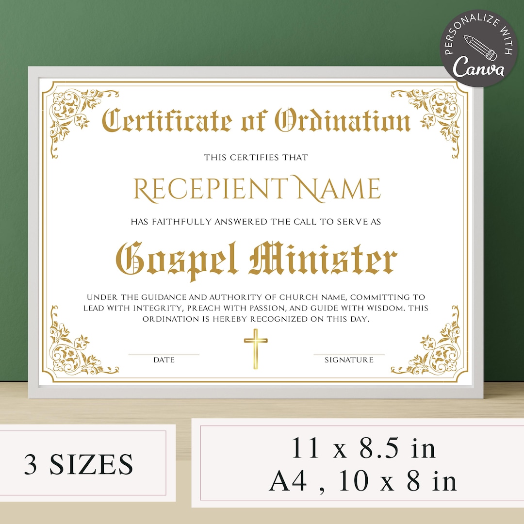 Certificate of Ordination Template, Editable Canva Template, Gospel