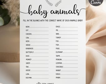 May include: A white rectangular baby shower game card titled baby animals in black script font. The card features a list of animal names with blank lines for filling in the correct baby animal names, and a total correct line at the bottom.