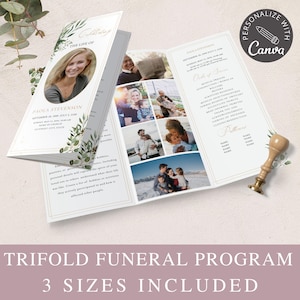 May include: A trifold funeral programme template featuring a floral design and a photo collage. The programme includes the name "PAOLA STEVENSON" and the text "The Life of". It also includes a section for the order of service and a section for acknowledgements. The template is customisable with Canva.