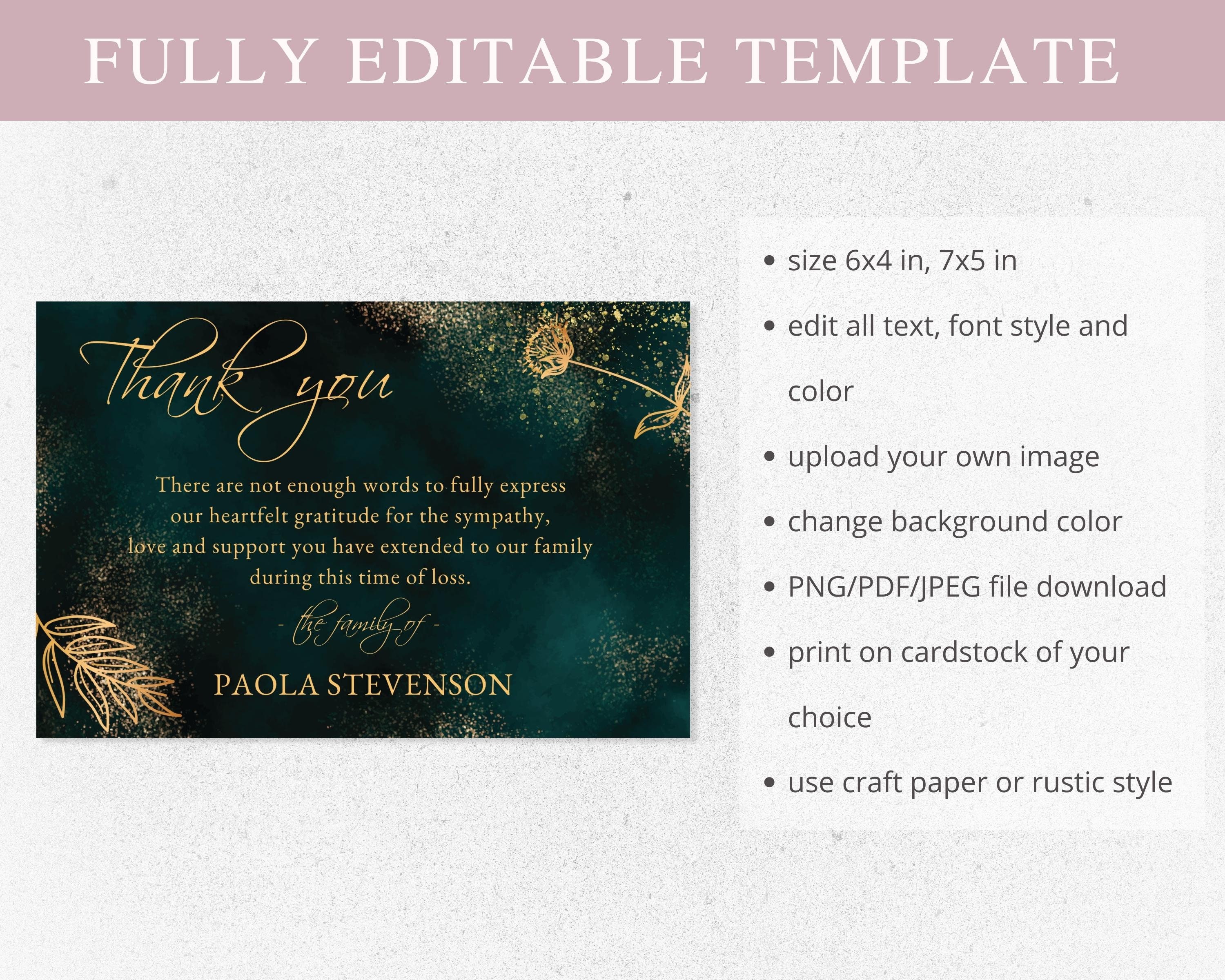 Green and Gold Funeral Thank You Card I Editable Canva Template I ...