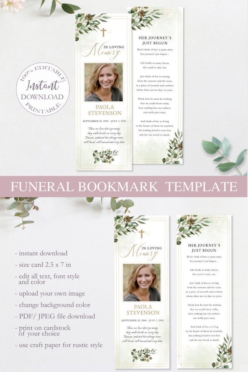Obituary Bookmark Editable Loss of Mother Printable - Etsy