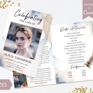 Blue Funeral Program Template, Canva Template Printable, Editable Bi-Fold Obituary Funeral Template, In loving memory, 11x17in.