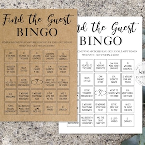 Find the Guest Bingo Bridal Shower Games, Printable Shower Guest Game, Kraft Paper Game, Canva Editable Template, Instant Download. SRP-004