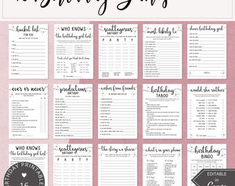 16 Birthday Games For Her Canva Template | Birthday Card, Sweet 16 Games, Tween Party Games, 40th Birthday, Birthday Trivia, Birthday Party